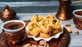 Arabic baklava with coffee in copper cups Royalty Free Stock Photo