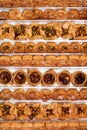 Arabic baklava dessert mix organized in rows