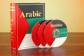 Arabic book with CD discs on the wooden table. 3D rendering