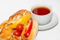 Arabic breakfast with traditional pastries and labneh. Fatayer, fatayer, or samosa with spinach, potatoes, cheese.