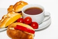 Arabic breakfast with traditional pastries and labneh. Fatayer, fatayer, or samosa with spinach, potatoes, cheese.