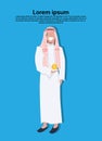 Arabic business man holding dollar coin money growth wealth concept wearing traditional clothes arab businessman copy