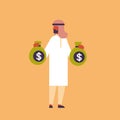 Arabic businessman holding money bags growth wealth savings concept arab rich man cartoon character flat full length