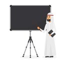 Arabic businessman making presentation on flipchart. Muslim man business plan flat vector illustration. Royalty Free Stock Photo