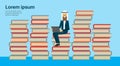 Arabic businessman sit with laptop on books stack on blue background, muslim man study copy space, flat