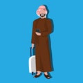 Arabic businessman using smartphone holding valise wearing traditional clothes travel concept male cartoon character