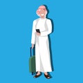 Arabic businessman using smartphone holding valise wearing traditional clothes travel concept male cartoon character