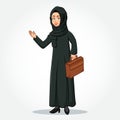 Arabic Businesswoman cartoon Character in traditional clothes Holding a Briefcase with Welcoming Hands