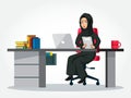 Arabic Businesswoman cartoon Character in traditional clothes sitting at her desk, holding a clipboard