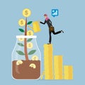 Arabic businesswoman watering money tree. Plant in glass jar. Protecting and growing investments. Process of increasing profits,