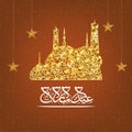 Arabic Calligraphy Of Eid Mubarak With Golden Glitter Mosque, Stars Hang On Brown Floral Pattern