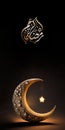 Arabic Calligraphy of Ramadan Kareem With 3D Render, Golden Exquisite Crescent Moon And Glowing Star Hang On Black