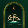 Arabic calligraphy of Ramadan Kareem greeting design concept with crescent moon, and clouds on green background and gold ancient p Royalty Free Stock Photo