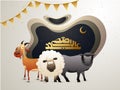 Arabic calligraphy text Eid-Ul-Adha, Islamic festival of sacrifice with illustration of sheep, goat and buffalo in crescent