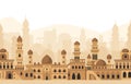 Arabic city traditional mosque buildings silhouettes panorama view. Islamic architecture landscape vector illustration