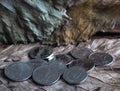Arabic coins of dirhams on vintage background.