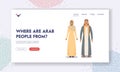 Arabic Couple Man and Woman Landing Page Template. Saudi People Arabian Characters in Traditional National Costumes