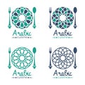 Arabic cuisine logo with abstract arabesque circle dish and spoon fork sign vector set design