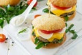 Arabic cuisine. Ramadan food. Homemade vegetarian mung cutlets burger on white a wooden kitchen table.