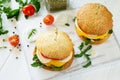 Arabic cuisine. Ramadan food. Homemade vegetarian mung cutlets burger on white a wooden kitchen table.