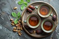 Arabic dates and tea on a concrete background, high quality, high resolution Royalty Free Stock Photo