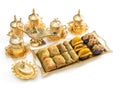 Arabic delight, tea cups golden lantern Iftar meal Royalty Free Stock Photo