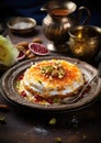 Arabic dessert Konafa or Knafeh with white cheese and pistachio