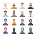 Arabic faces. Avatars muslim characters portraits of arabic male and female east people vector set Royalty Free Stock Photo