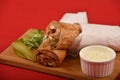 Arabic Fajita chicken wrap sandwich, with Pickles and Mayonnaise Garlic sauce bowl. Traditional Middle Eastern snack.