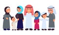 Arabic family. Saudi parents, old islam people. Traditional muslim man and woman with children. Girl wear hijab, cartoon