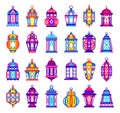 Arabic fanous. Cartoon traditional Ramadan lamps. Old Islamic decorative illumination. Mosque antique lighting. Religious Arabic