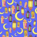 Arabic fanous. Cartoon traditional Ramadan lamps. Old Islamic decorative illumination.