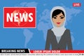 Arabic female news anchor on tv breaking news background