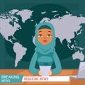 Arabic female news anchor on tv breaking news background, flat vector illustration. Female television arabian reporter