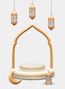 Arabic figured golden arch, hanging lanterns, crescent moon