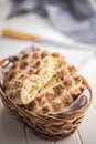 Arabic flat pita bread in basket on white table Royalty Free Stock Photo