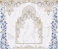 Arabic floral arch. Traditional islamic ornament on white marble background. Mosque decoration design element.