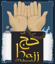 Hands with Traditional Ritual Elements for Hajj Pilgrimage, Vector Illustration Royalty Free Stock Photo