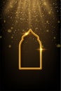 Arabic gold arch under lights isolated on dark shining background. 3D islam window architecture shape for muslim