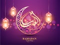 Arabic golden calligraphy of Ramadan Kareem with ornament crescent moon and hanging illuminated lanterns decorated on shiny purple Royalty Free Stock Photo