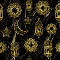 Arabic golden lantern, moon and stars seamless pattern