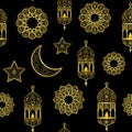 Arabic golden lantern, moon and stars seamless pattern