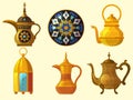 Arabic heritage. East cultural native traditional objects various pottery arab emirates decoration vector collection