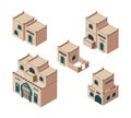 Arabic houses. Isometric sandy authentic old buildings isometric antique arab construction vector set