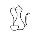 Arabic jug with cup. Tea set icon. Line art antique pitcher for coffee. Black illustration of kettle with long thin spout, bowl. Royalty Free Stock Photo