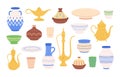 Arabic jugs and crockery. Moroccan saudi ancient lamp, decorated traditional plates, bowls and pots. Pottery arabian Royalty Free Stock Photo