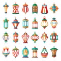 Arabic lamps. Old light muslim islamic lanterns vector cartoon colored collection