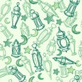 Arabic lamps, sketch hanging lanterns. Seamless pattern. Hand drawing card, poster, background for Ramadan - islamic