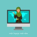 Arabic language courses online, school or translation service vector illustration. Cute cartoon arab woman talking