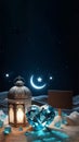 arabic lantern and blue crystal on a desert ramadan night background, ai generated Royalty Free Stock Photo